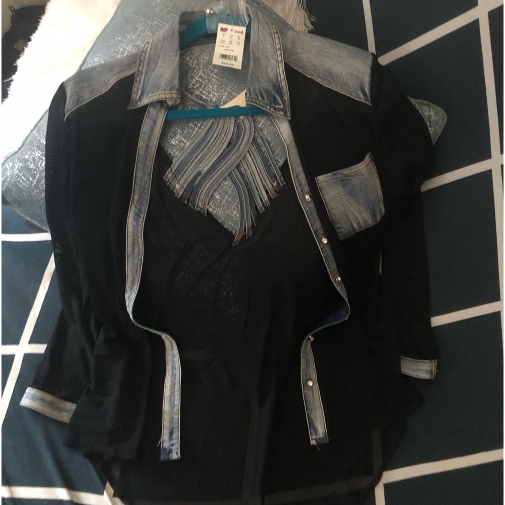 1st item: Sheer jean shirt- Color: black and blue size Medium brand New